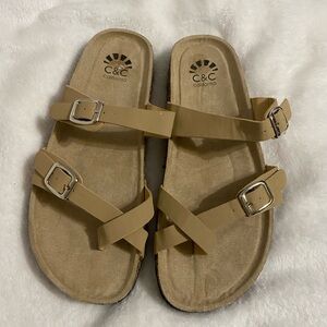 NEW C & C California Cork Footbed Tan Sandals with Silver Buckles 9